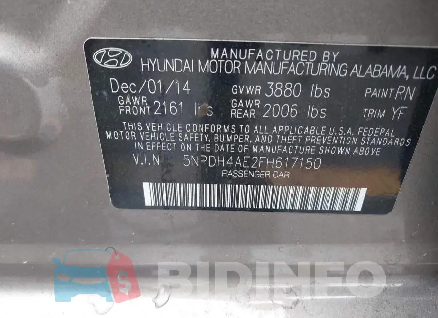 5NPDH4AE2FH617150 Photo# 9