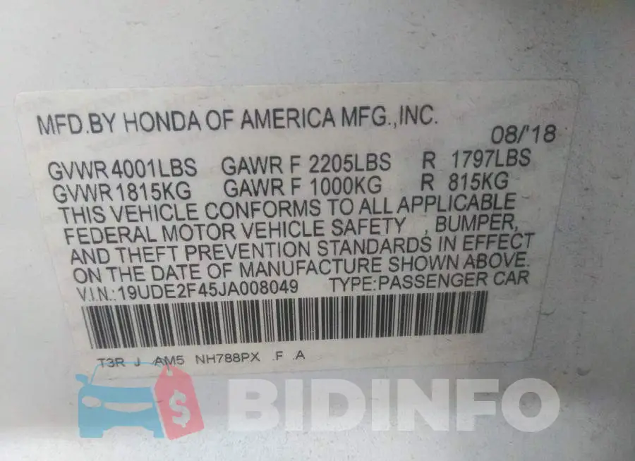 19UDE2F45JA008049 Photo# 9