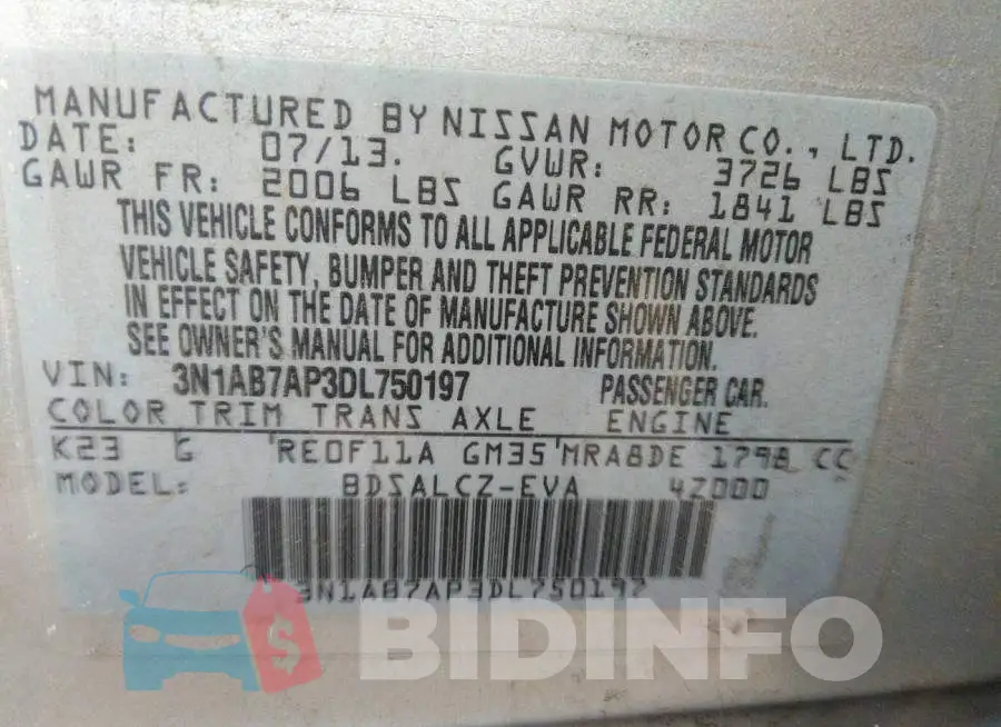 3N1AB7AP3DL750197 Photo# 9