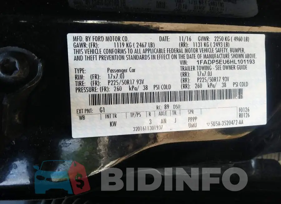 1FADP5EU6HL101193 Photo# 9