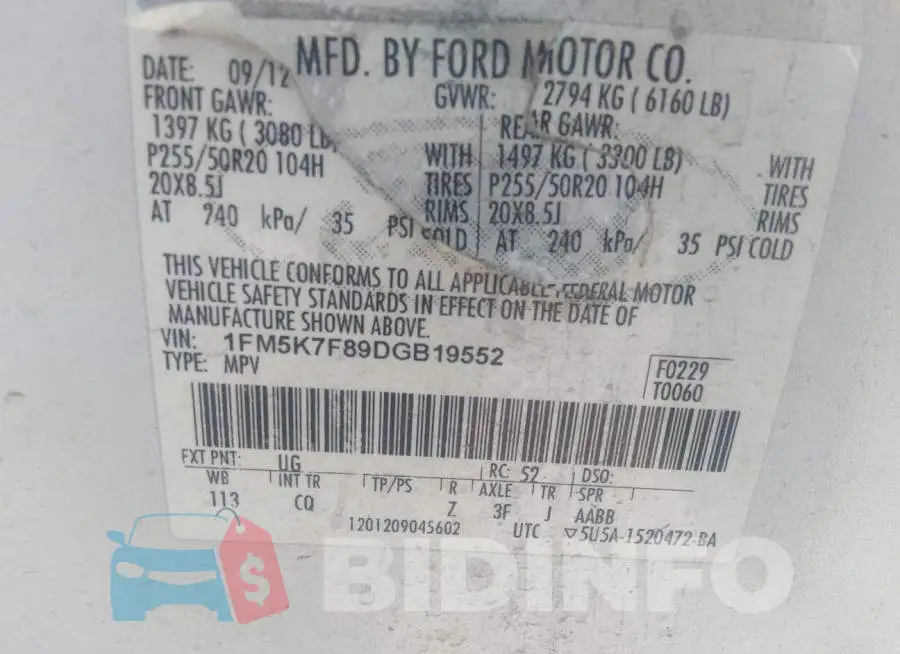 1FM5K7F89DGB19552 Photo# 9