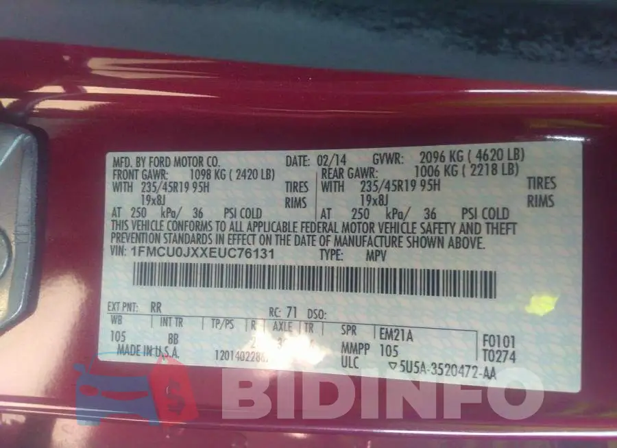 1FMCU0JXXEUC76131 Photo# 9
