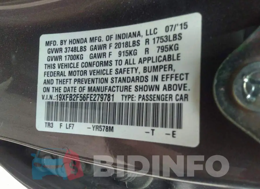 19XFB2F56FE279781 Photo# 9