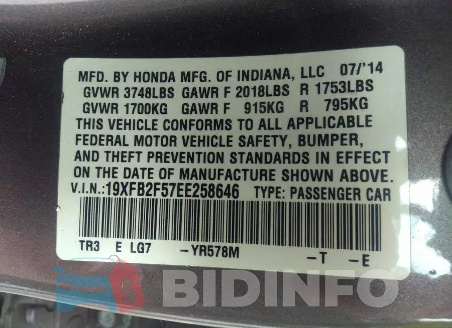 19XFB2F57EE258646 Photo# 9