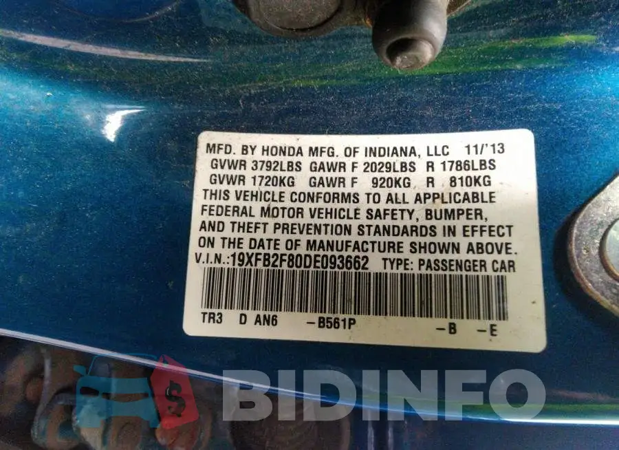 19XFB2F80DE093662 Photo# 9