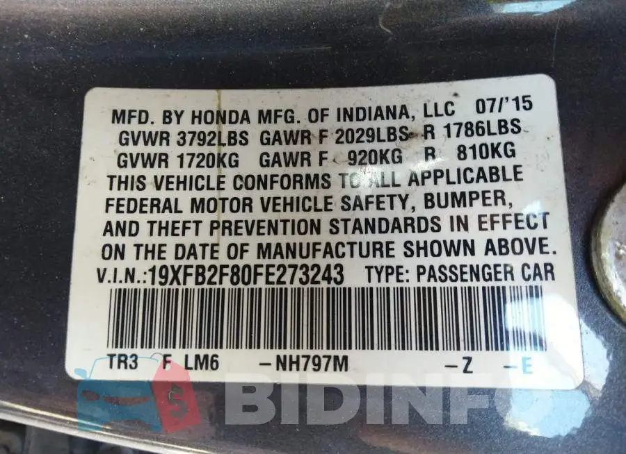 19XFB2F80FE273243 Photo# 9