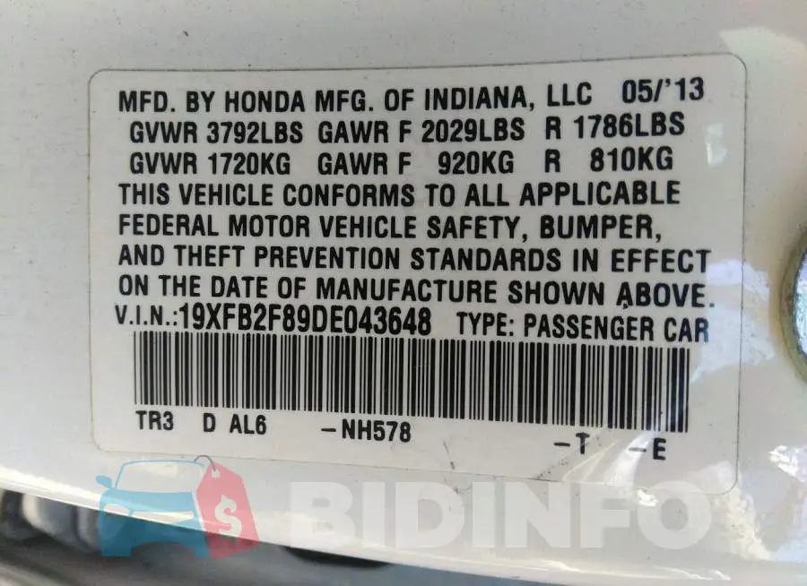 19XFB2F89DE043648 Photo# 9
