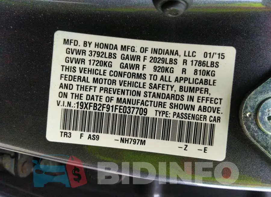 19XFB2F91FE037709 Photo# 9