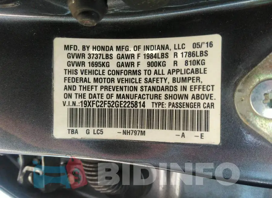 19XFC2F52GE225814 Photo# 9