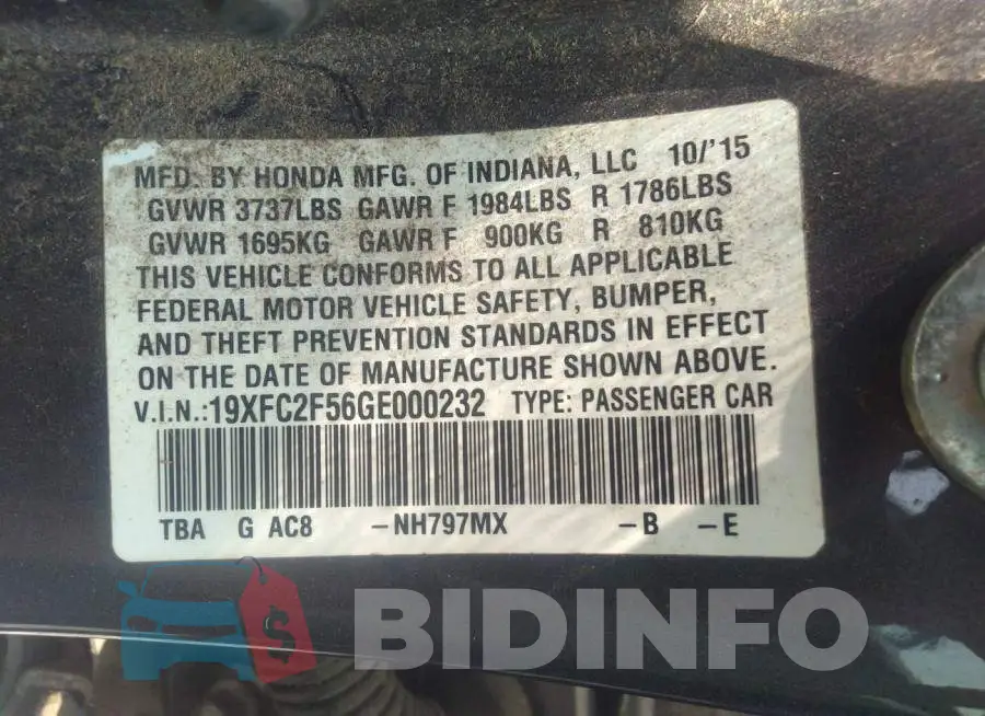 19XFC2F56GE000232 Photo# 9