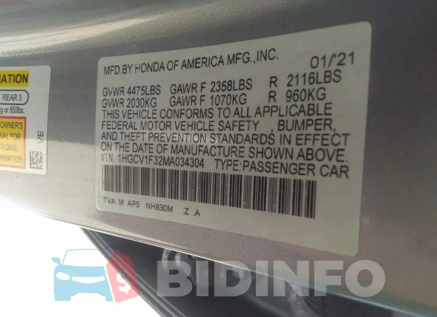 1HGCV1F32MA034304 Photo# 9