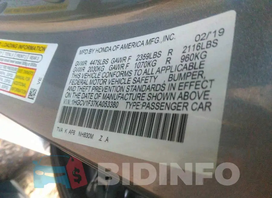 1HGCV1F37KA053380 Photo# 9