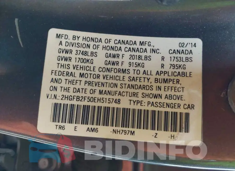 2HGFB2F50EH515748 Photo# 9