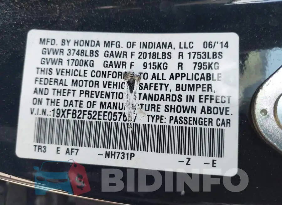 19XFB2F52EE057687 Photo# 9