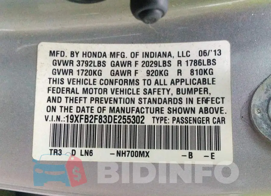 19XFB2F83DE255302 Photo# 9