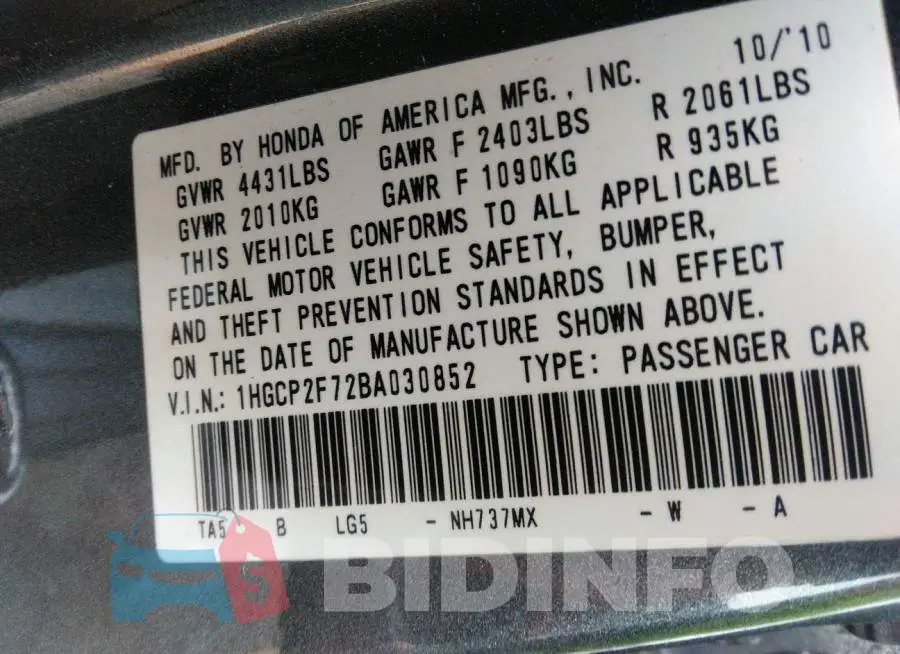 1HGCP2F72BA030852 Photo# 9