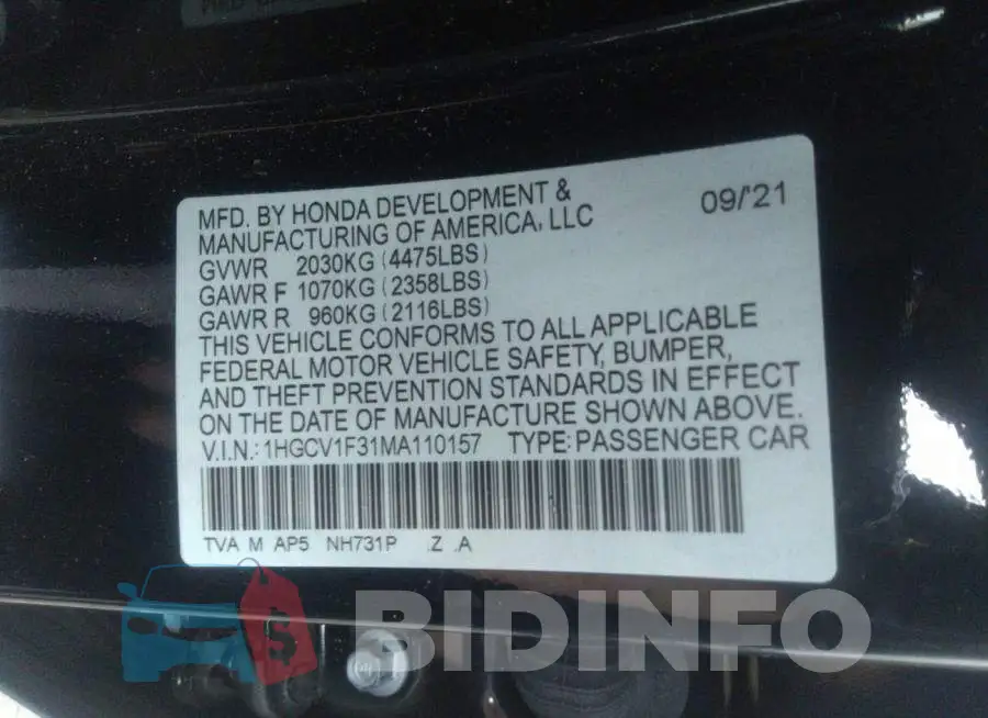 1HGCV1F31MA110157 Photo# 9