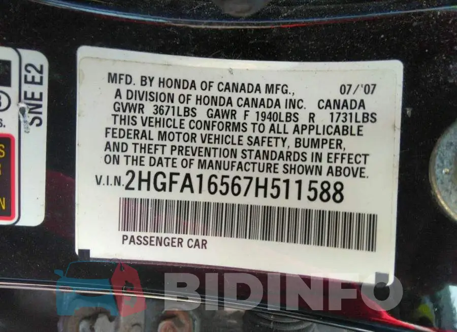 2HGFA16567H511588 Photo# 9