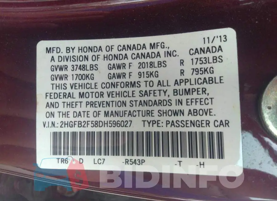 2HGFB2F58DH596027 Photo# 9