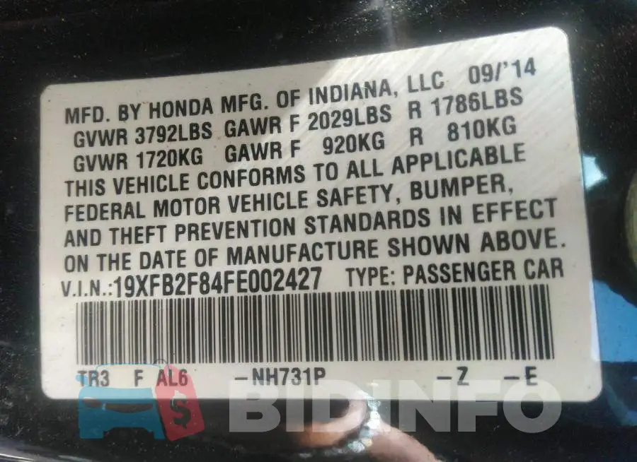 19XFB2F84FE002427 Photo# 9