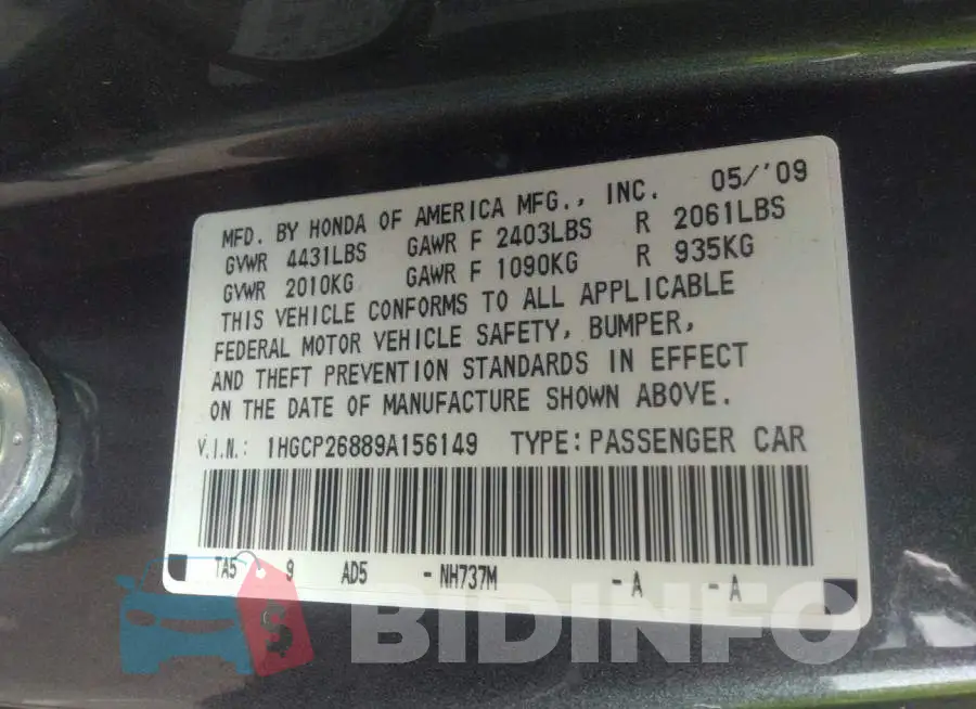 1HGCP26889A156149 Photo# 9