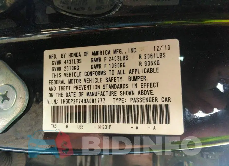 1HGCP2F74BA061777 Photo# 9