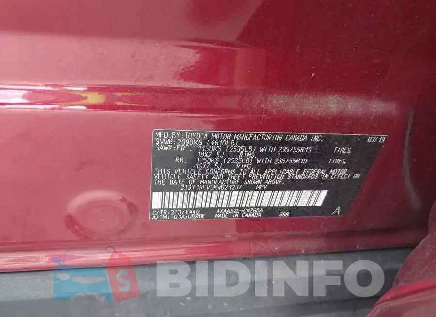 2T3Y1RFV5KW021237 Photo# 9