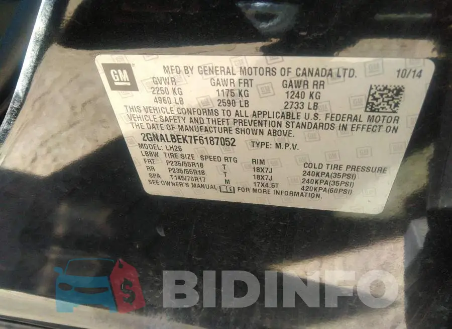 2GNALBEK7F6187052 Photo# 9