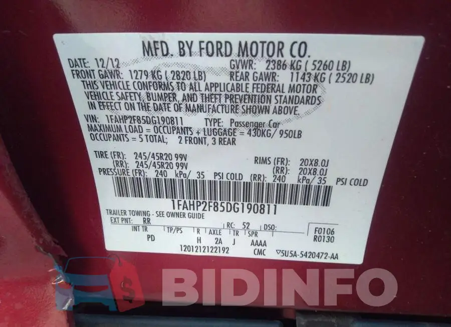 1FAHP2F85DG190811 Photo# 9