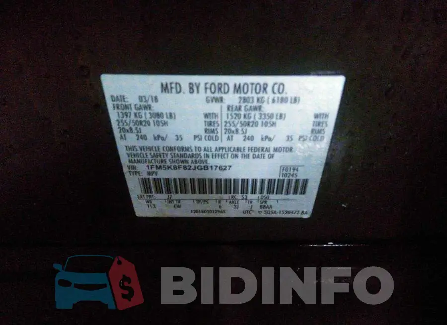 1FM5K8F82JGB17627 Photo# 9