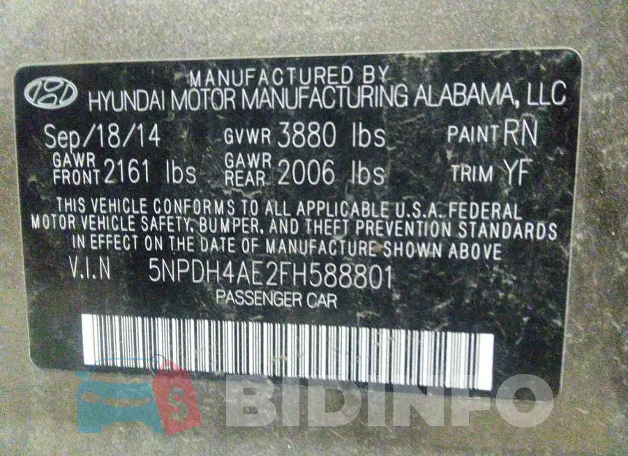 5NPDH4AE2FH588801 Photo# 9