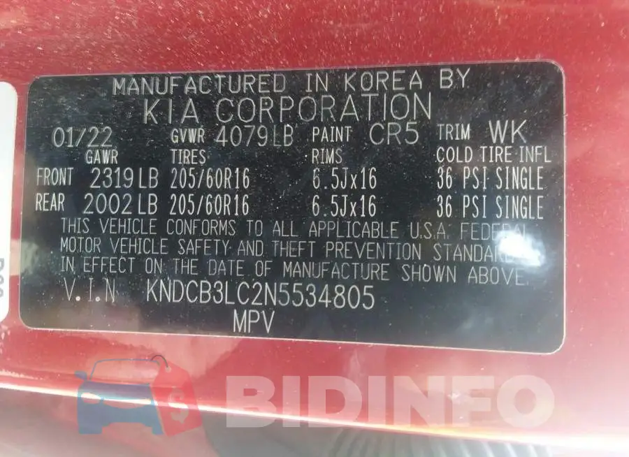 KNDCB3LC2N5534805 Photo# 8
