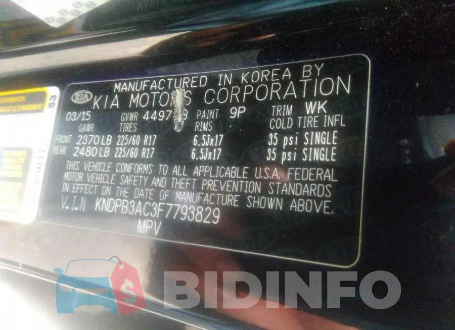 KNDPB3AC3F7793829 Photo# 9