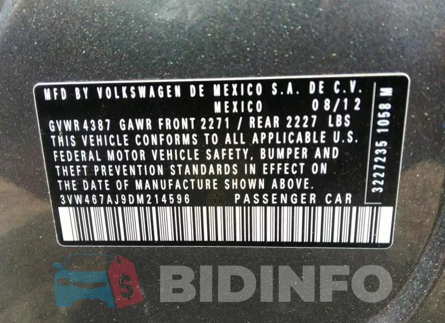 3VW467AJ9DM214596 Photo# 9