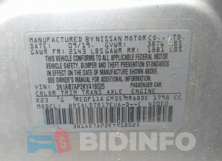 3N1AB7AP2KY418025 Photo# 9