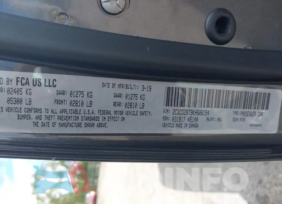 2C3CDZBT9KH606154 Photo# 9