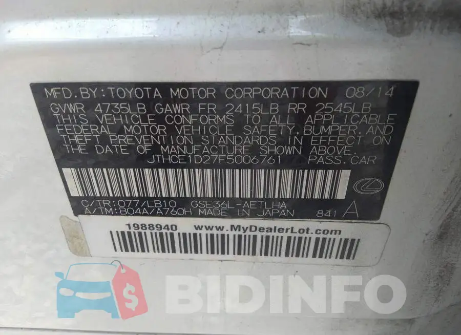 JTHCE1D27F5006761 Photo# 9