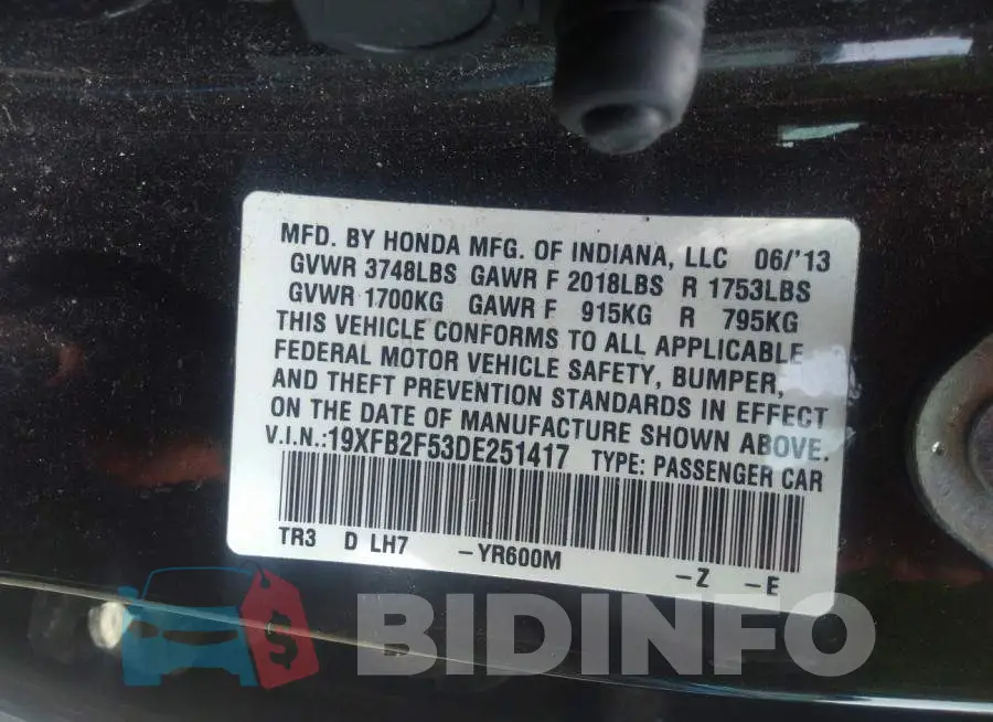 19XFB2F53DE251417 Photo# 9