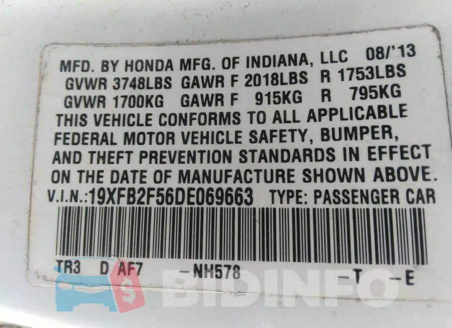 19XFB2F56DE069663 Photo# 9
