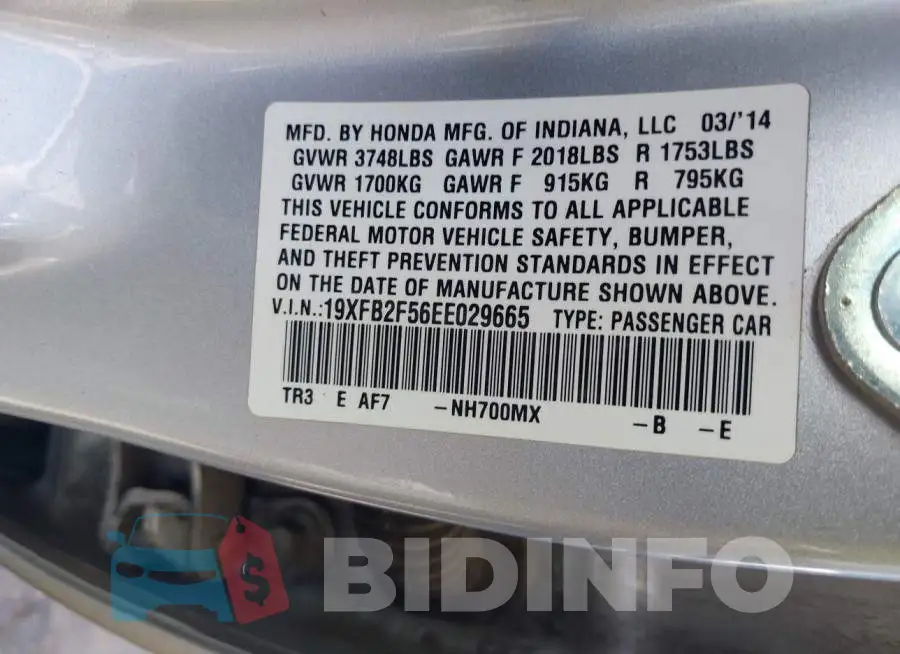 19XFB2F56EE029665 Photo# 9