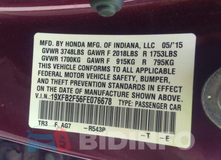19XFB2F56FE076678 Photo# 9