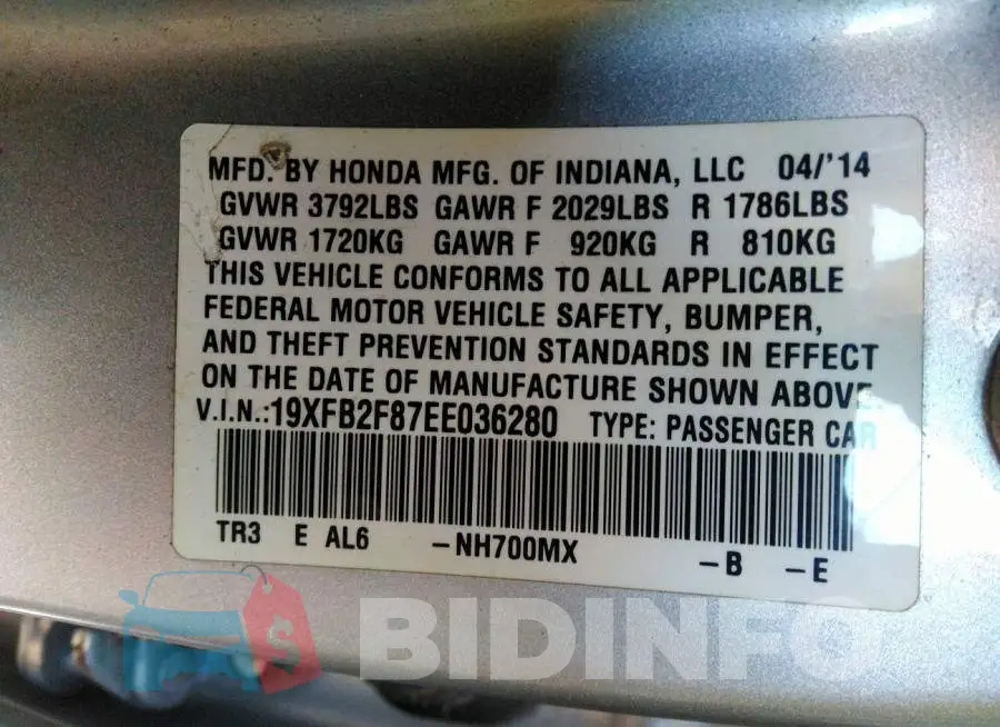 19XFB2F87EE036280 Photo# 9