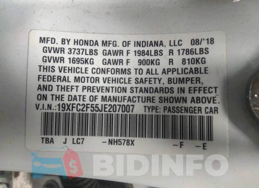 19XFC2F55JE207007 Photo# 9