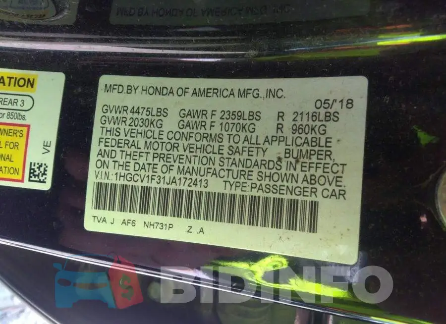 1HGCV1F31JA172413 Photo# 9