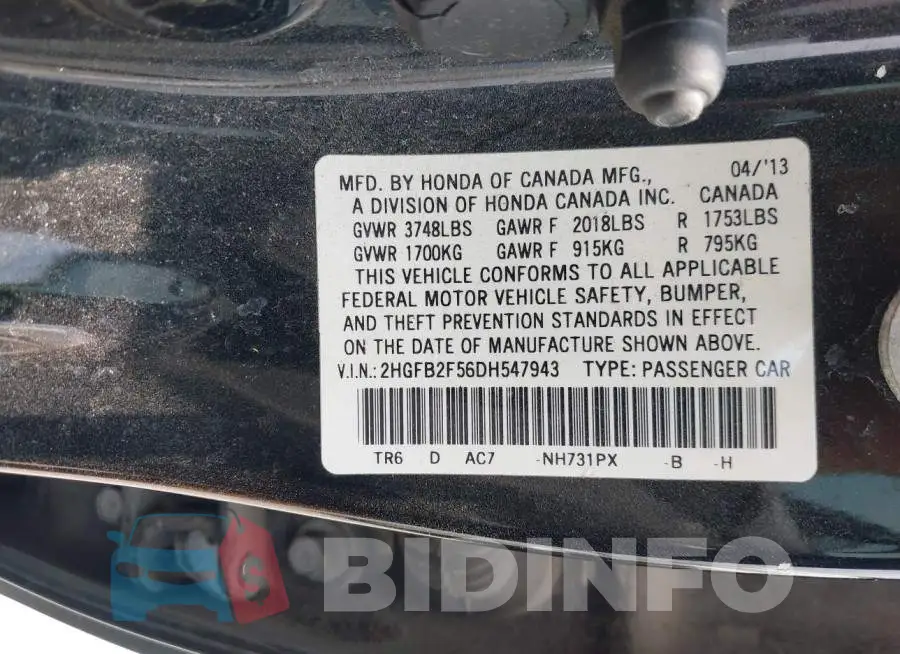 2HGFB2F56DH547943 Photo# 9