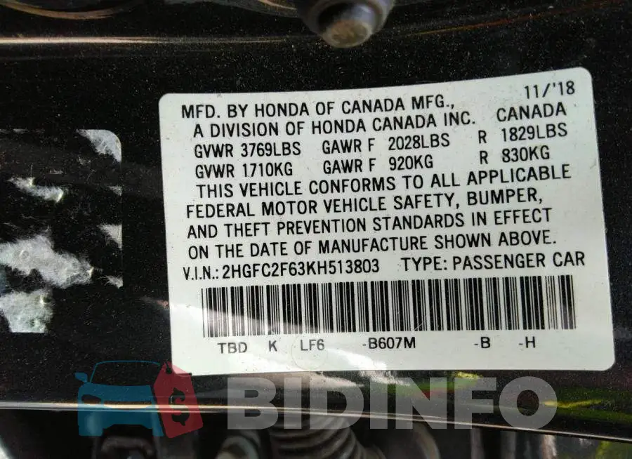2HGFC2F63KH513803 Photo# 9
