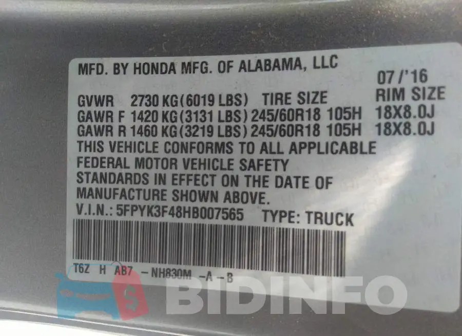 5FPYK3F48HB007565 Photo# 9