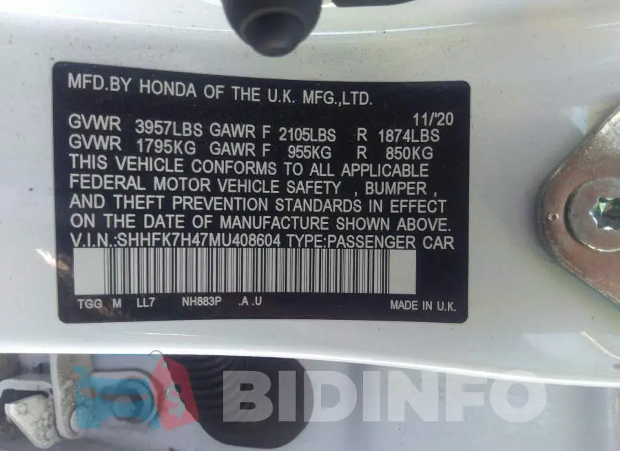 SHHFK7H47MU408604 Photo# 9