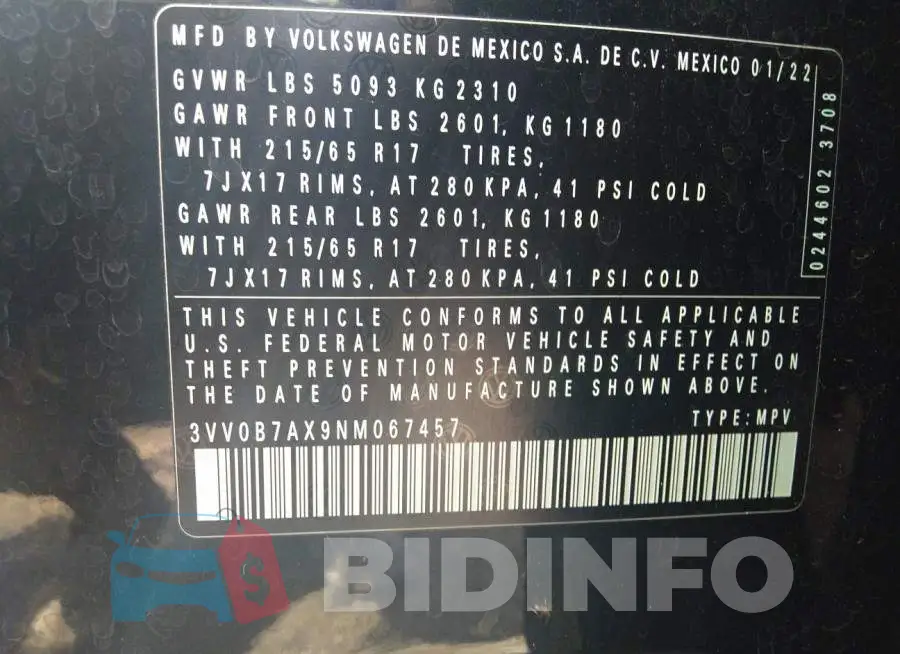 3VV0B7AX9NM067457 Photo# 9