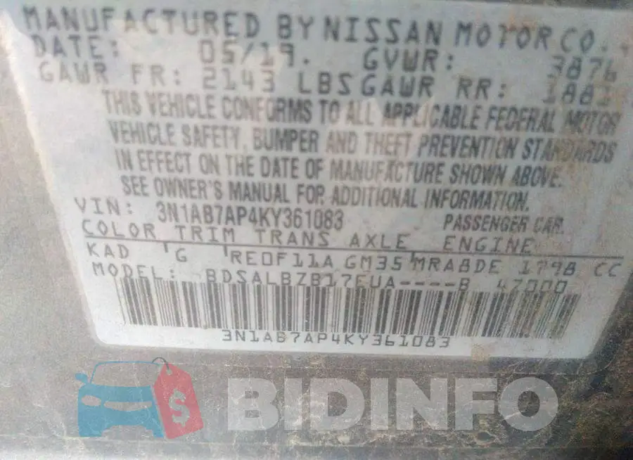 3N1AB7AP4KY361083 Photo# 9